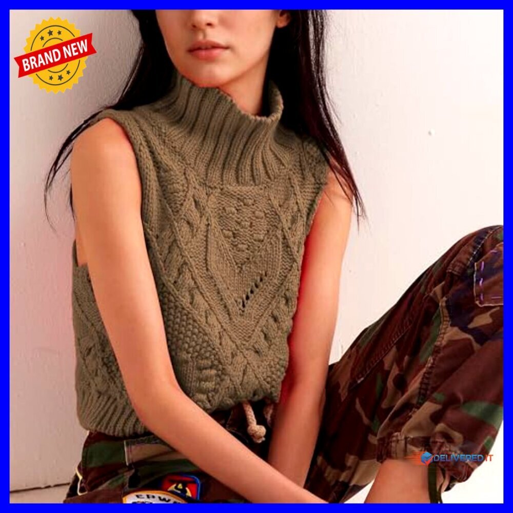 Turtleneck Crochet Sweater Vest Lightweight Knit Sleeveless Pullover - Picture 3 of 7